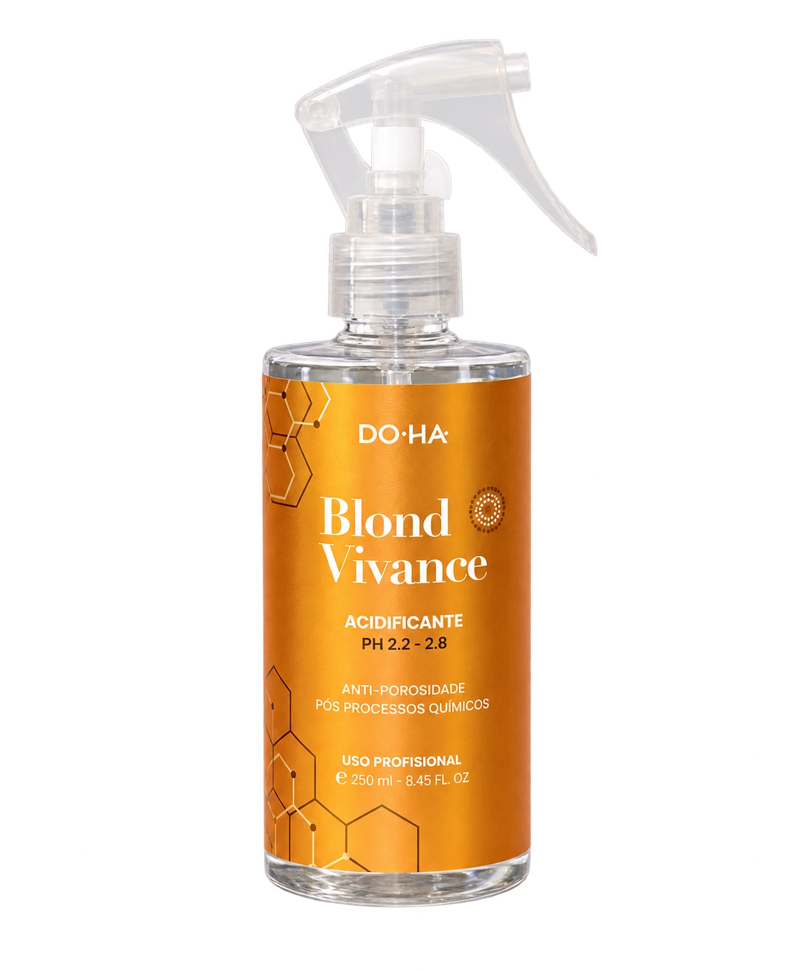 Frasco do Acidificante Blond Vivance DO•HA, 250 mL, com embalagem transparente e conteúdo dourado