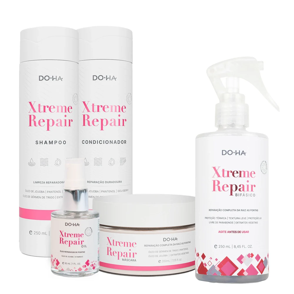 Linha Xtreme Repair DO•HA com shampoo, condicionador, máscara e bifásico