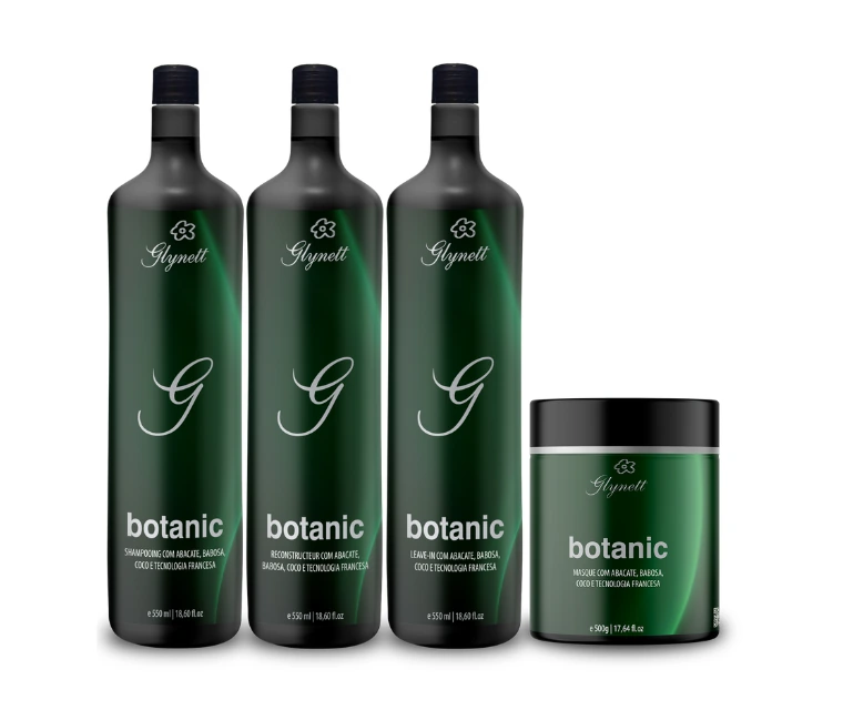 Kit Botanic da Glynett com três frascos verdes escuros e máscara