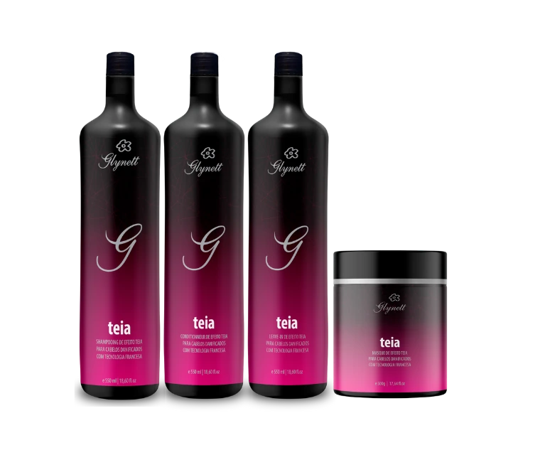 Kit Teia da Glynett com três frascos e máscara em embalagens pretas e rosa