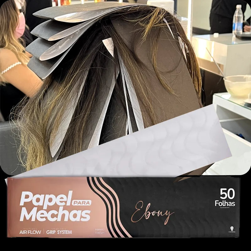 Papel para Mechas Ebony preto, aplicação em cabelo e embalagem de 50 folhas