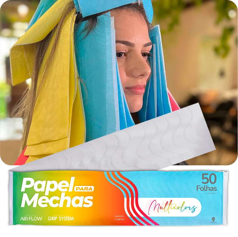 Papel para Mechas Multicolors, papéis coloridos em aplicação e embalagem de 50 folhas