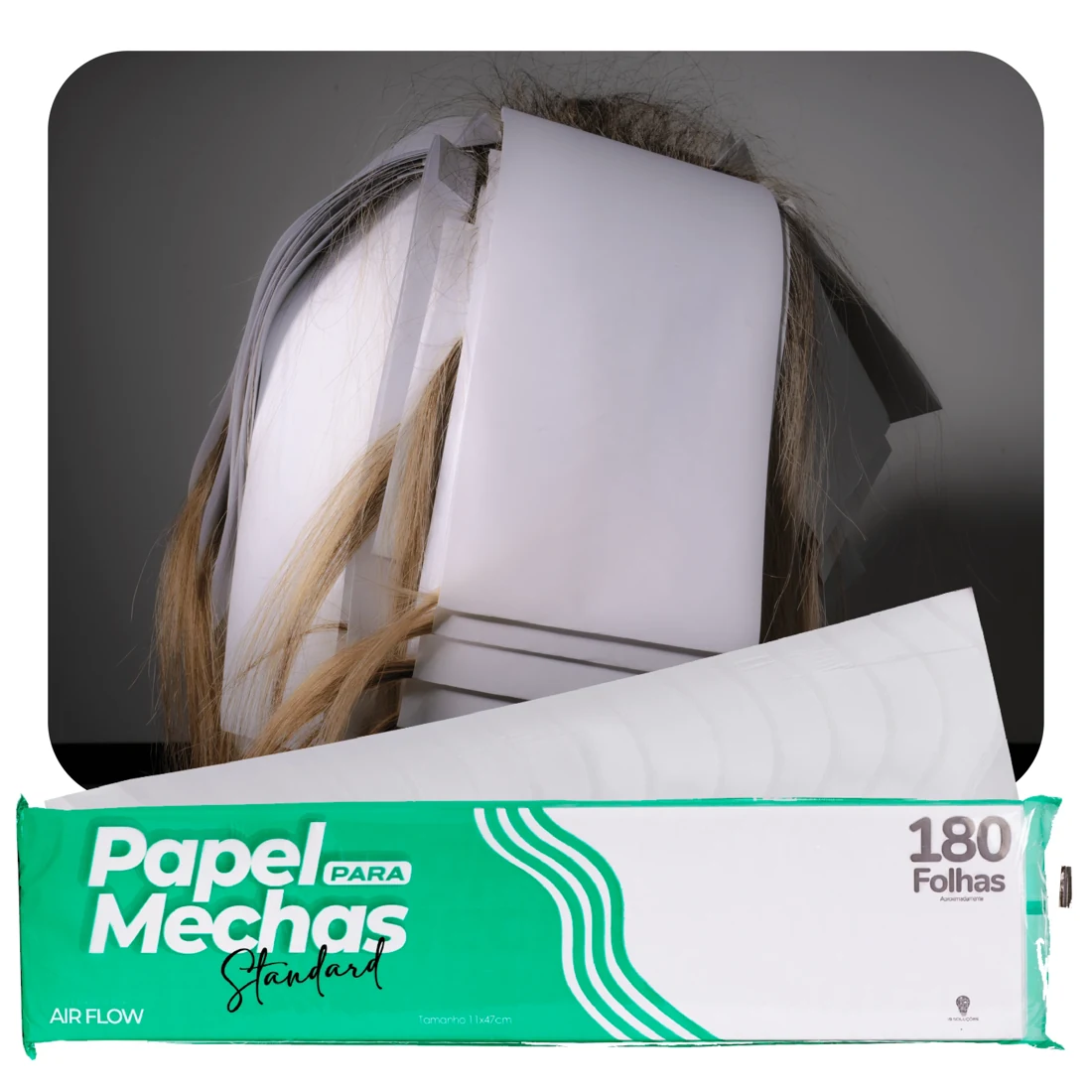 Papel para Mechas Standard com embalagem e aplicação em cabelo