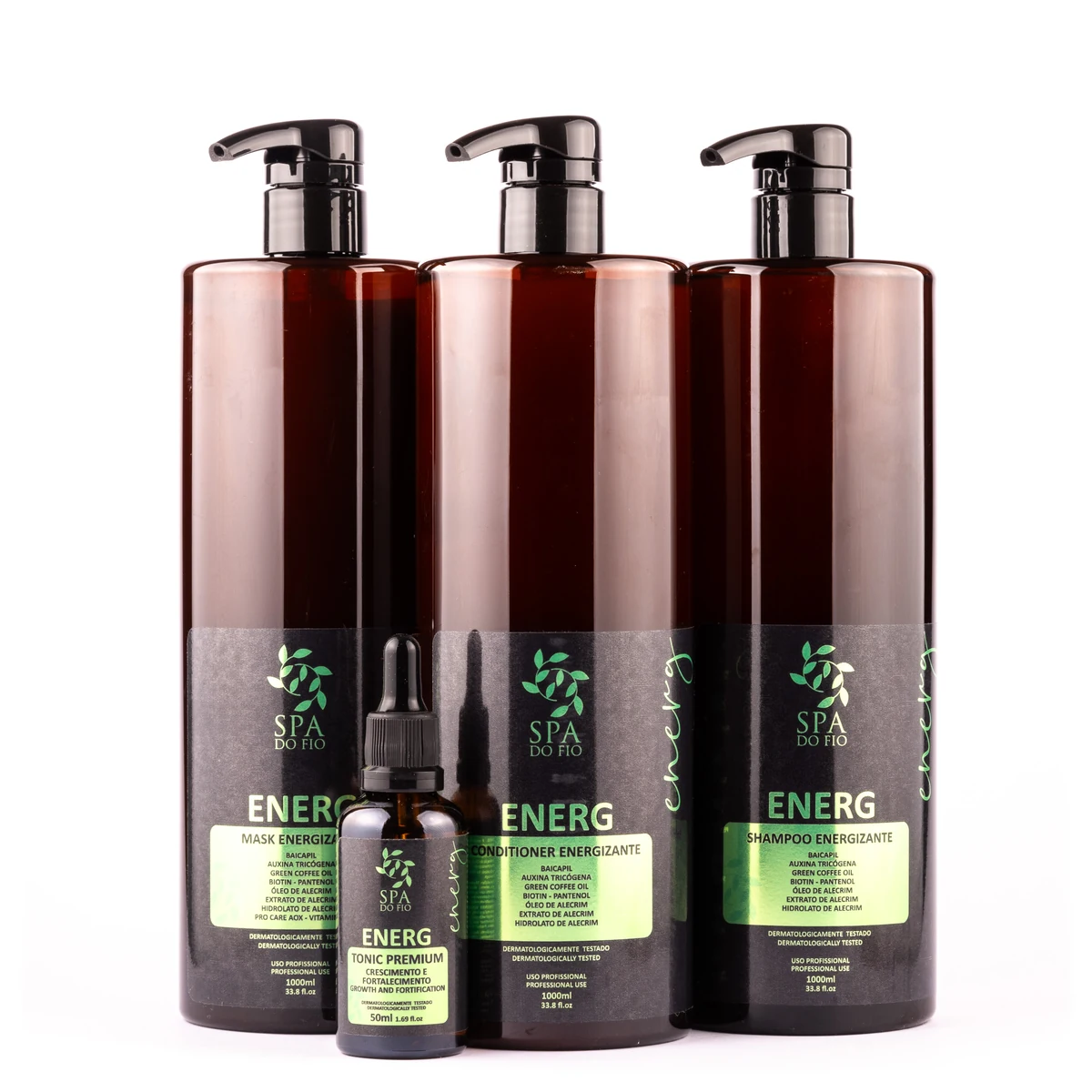 Produtos da linha Energ Spa do Fio, com tônico, shampoo, condicionador e máscara