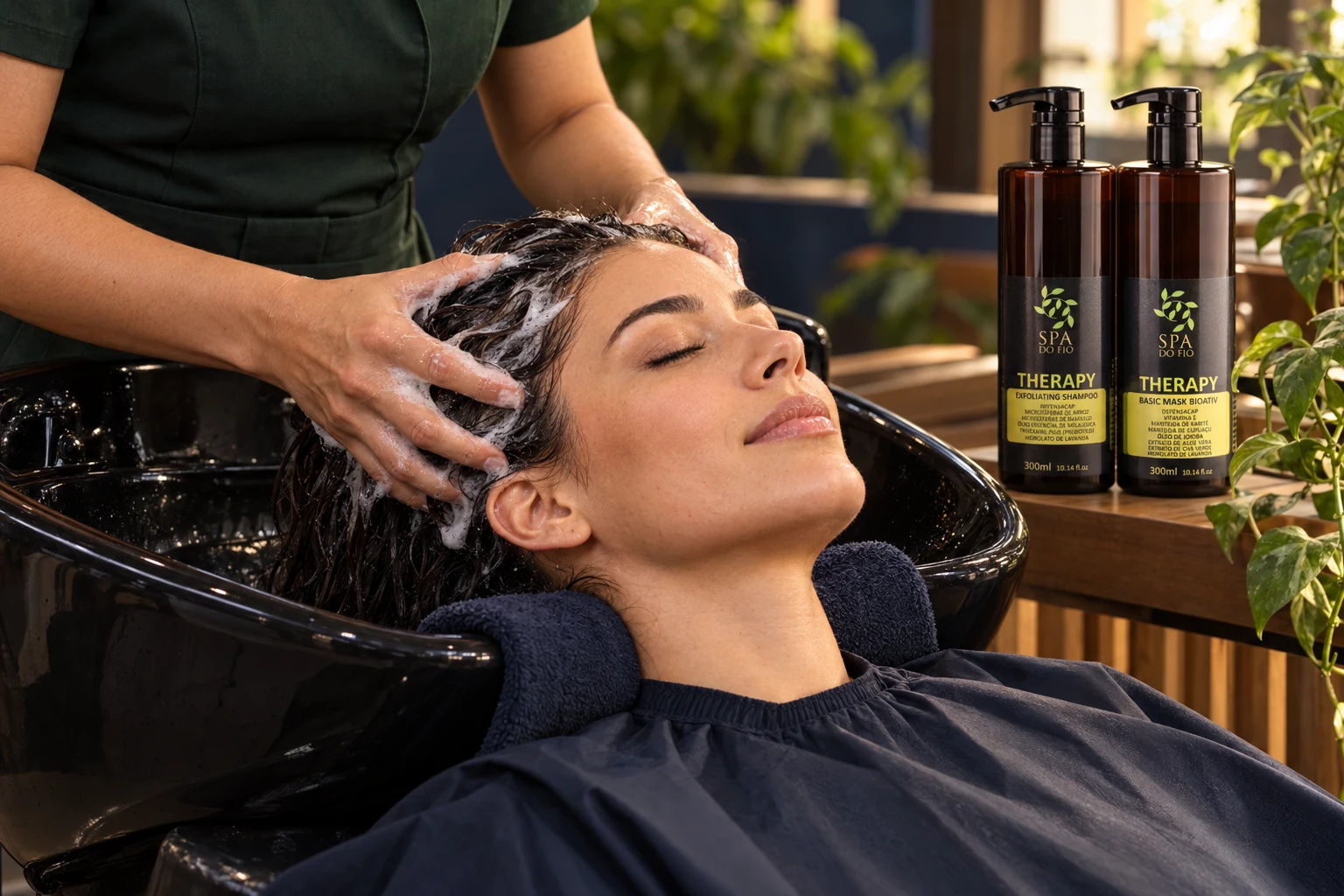 Experiência de cuidado capilar no lavatório, com produtos Therapy Spa do Fio e ambiente botânico