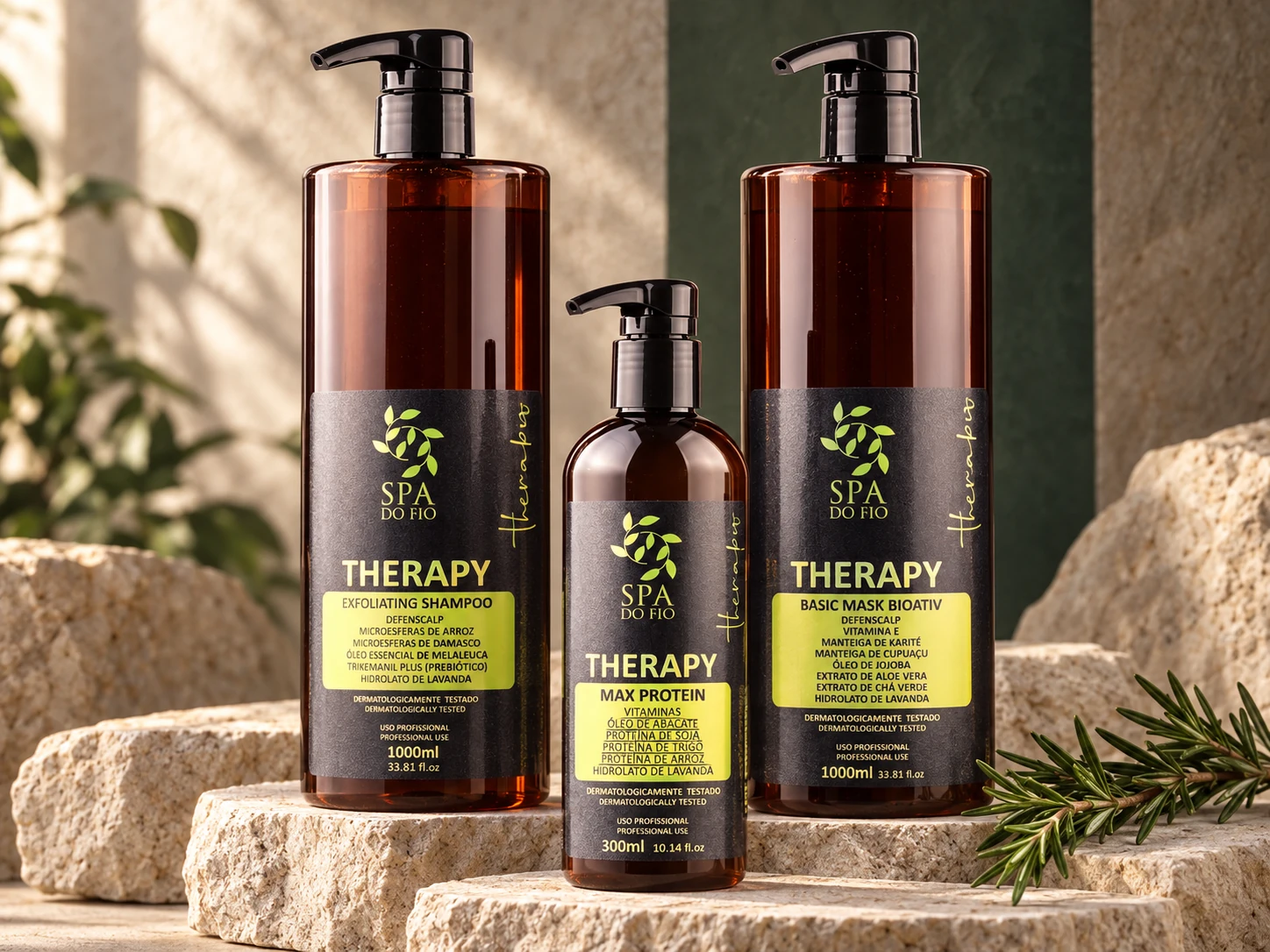 Trio Therapy da Spa do Fio: Exfoliating Shampoo, Max Protein e Basic Mask em cenário botânico