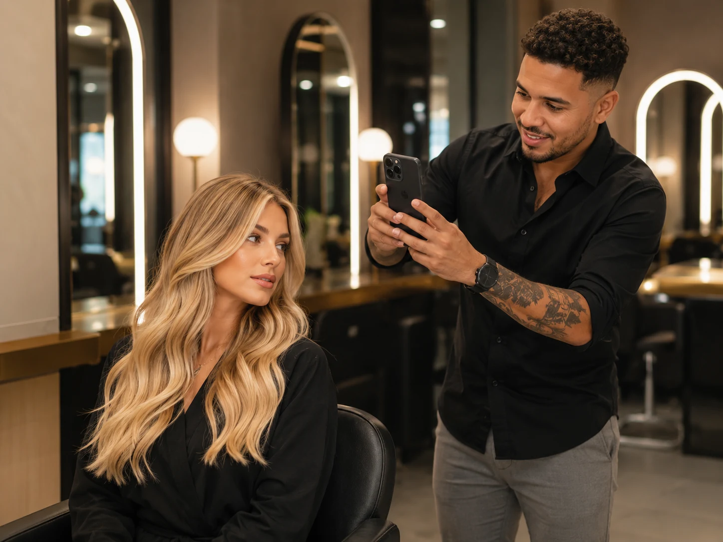 Profissional registrando resultado loiro com celular no salão