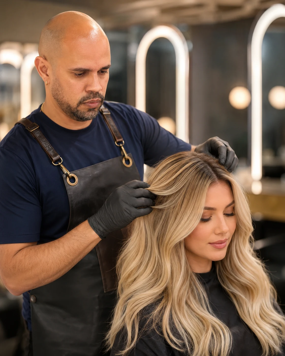 Educador ajustando cabelo loiro em demonstração ao vivo